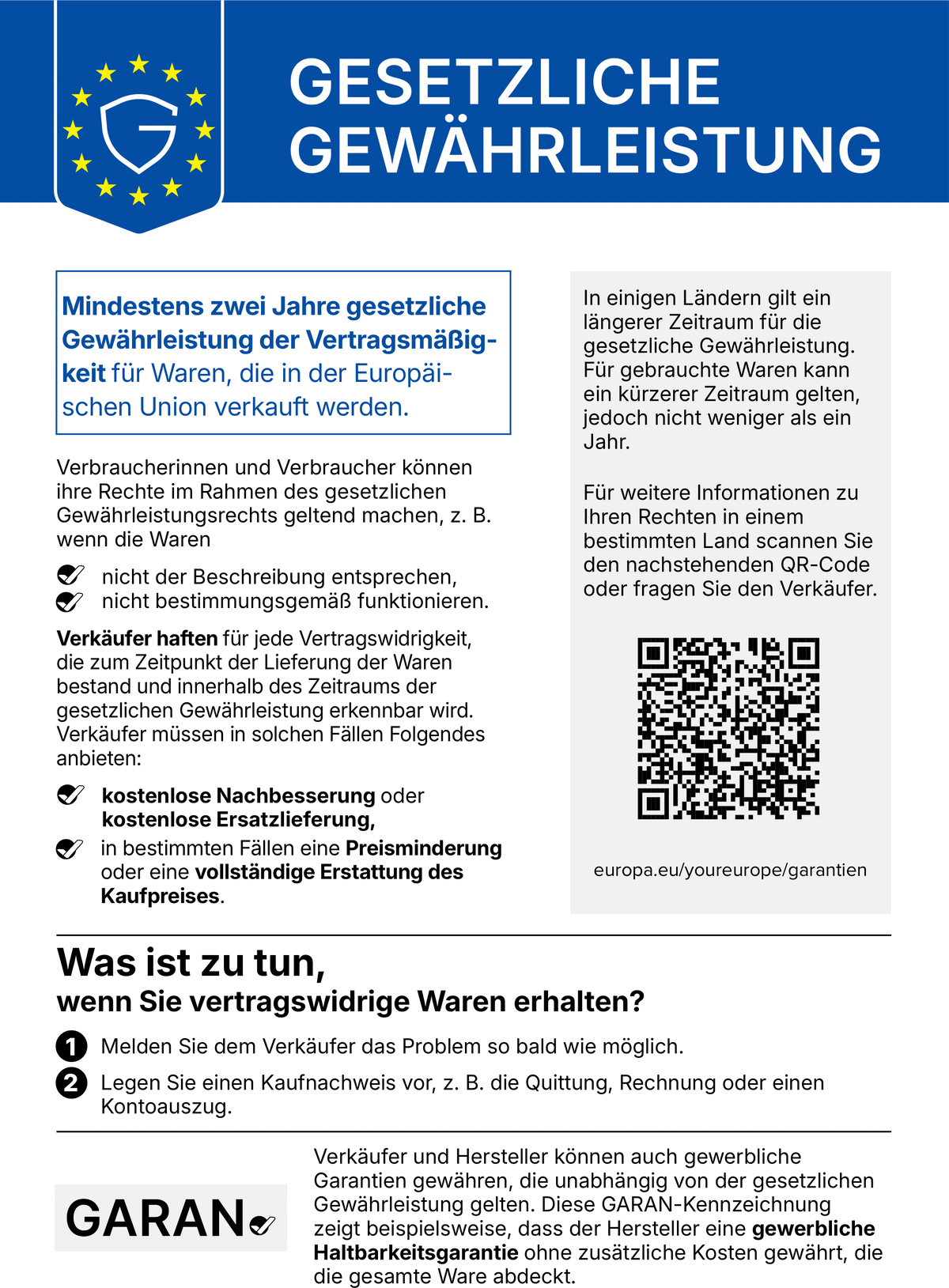 Hinweis zur gesetzlichen Gewährleistung: Für Waren, die in der Europäischen Union verkauft werden, gilt eine gesetzliche Gewährleistung von mindestens zwei Jahren. Bei vertragswidrigen Waren haben Sie Anspruch auf kostenlose Nachbesserung oder Ersatzlieferung, in bestimmten Fällen auf Preisminderung oder Erstattung des Kaufpreises. Weitere Informationen: europa.eu/youreurope/garantien